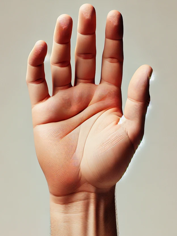 Palm of a right hand held up with fingers spread. Numbers 1 to 4 mark the index, middle, ring and little fingers, and T marks the thumb.