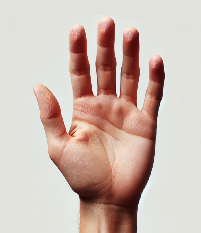 Palm of a left hand held up with fingers spread. Numbers 1 to 4 mark the index, middle, ring and little fingers, and T marks the thumb.