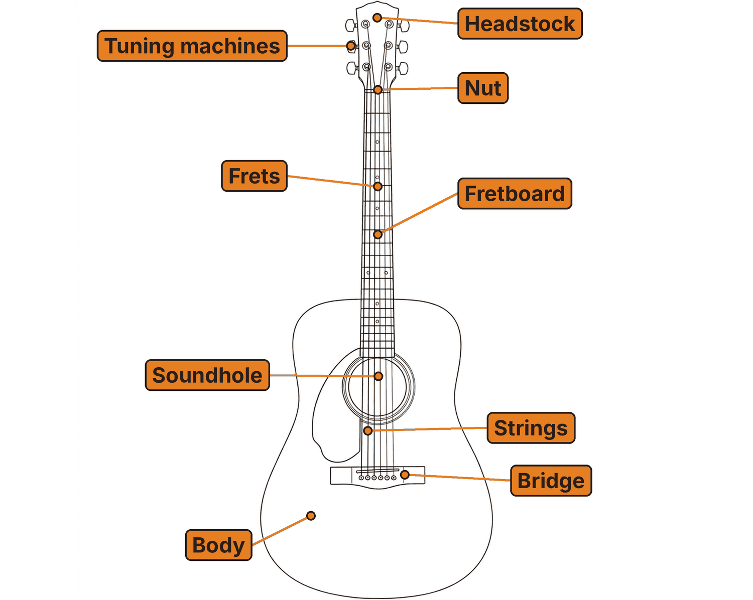 Line drawing of a left-handed acoustic guitar with the headstock, tuning machines, nut, frets, fretboard, soundhole, strings, bridge and body labeled.