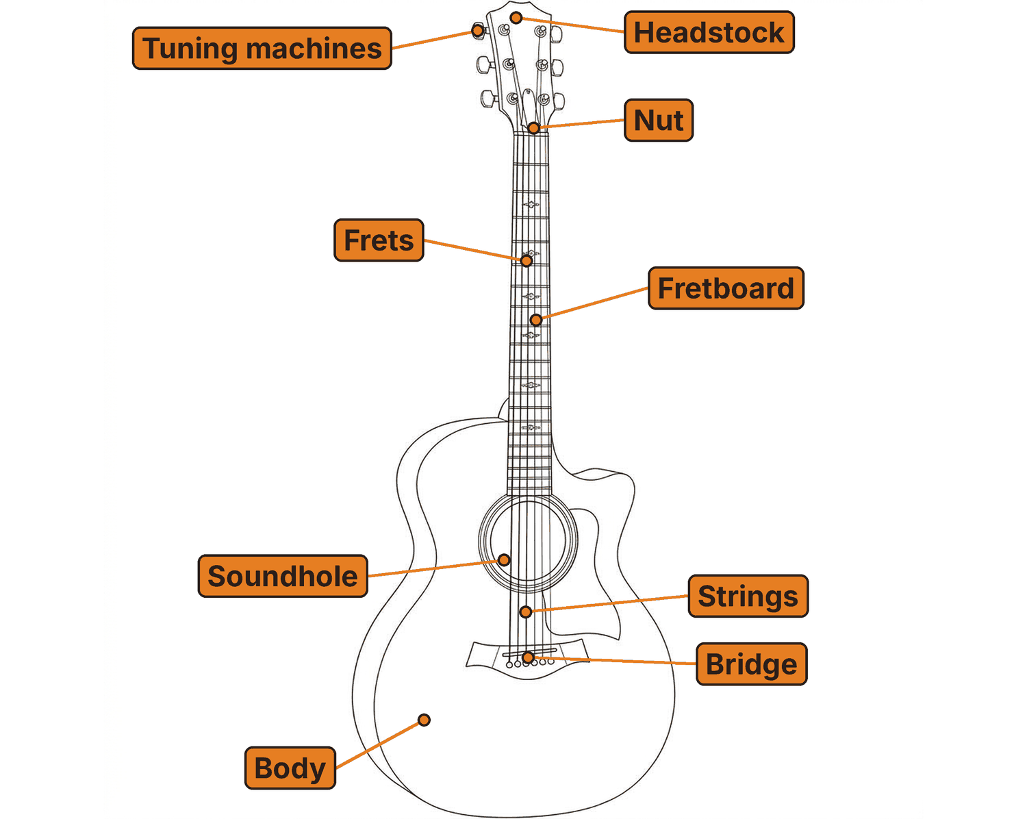 Line drawing of a right-handed acoustic guitar with the headstock, tuning machines, nut, frets, fretboard, soundhole, strings, bridge and body labeled.